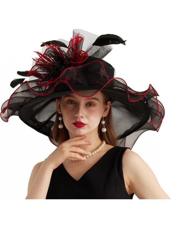 Elegant Wide Brim Organza Church Hat with Detachable Flower for Weddings & Tea main image 6